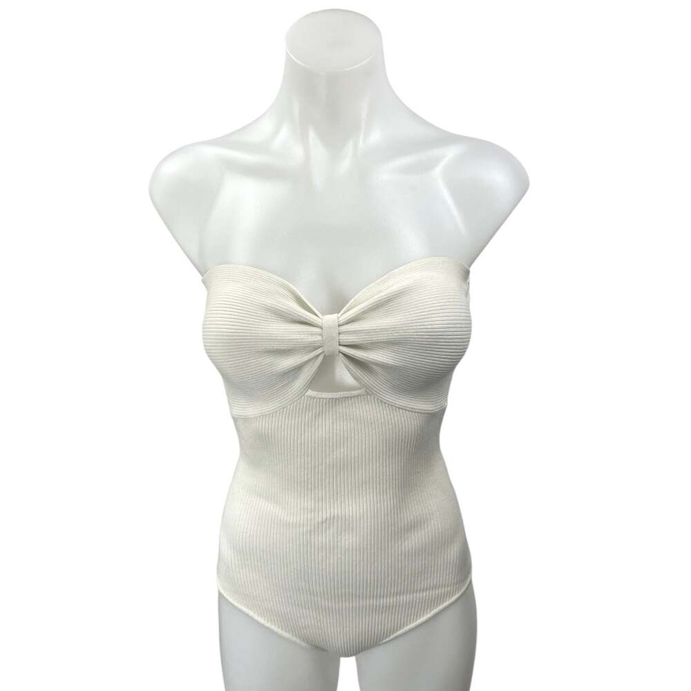 Honey Punch White Ribbed Knit Strapless Sweetheart Tube Bodysuit Top Size S